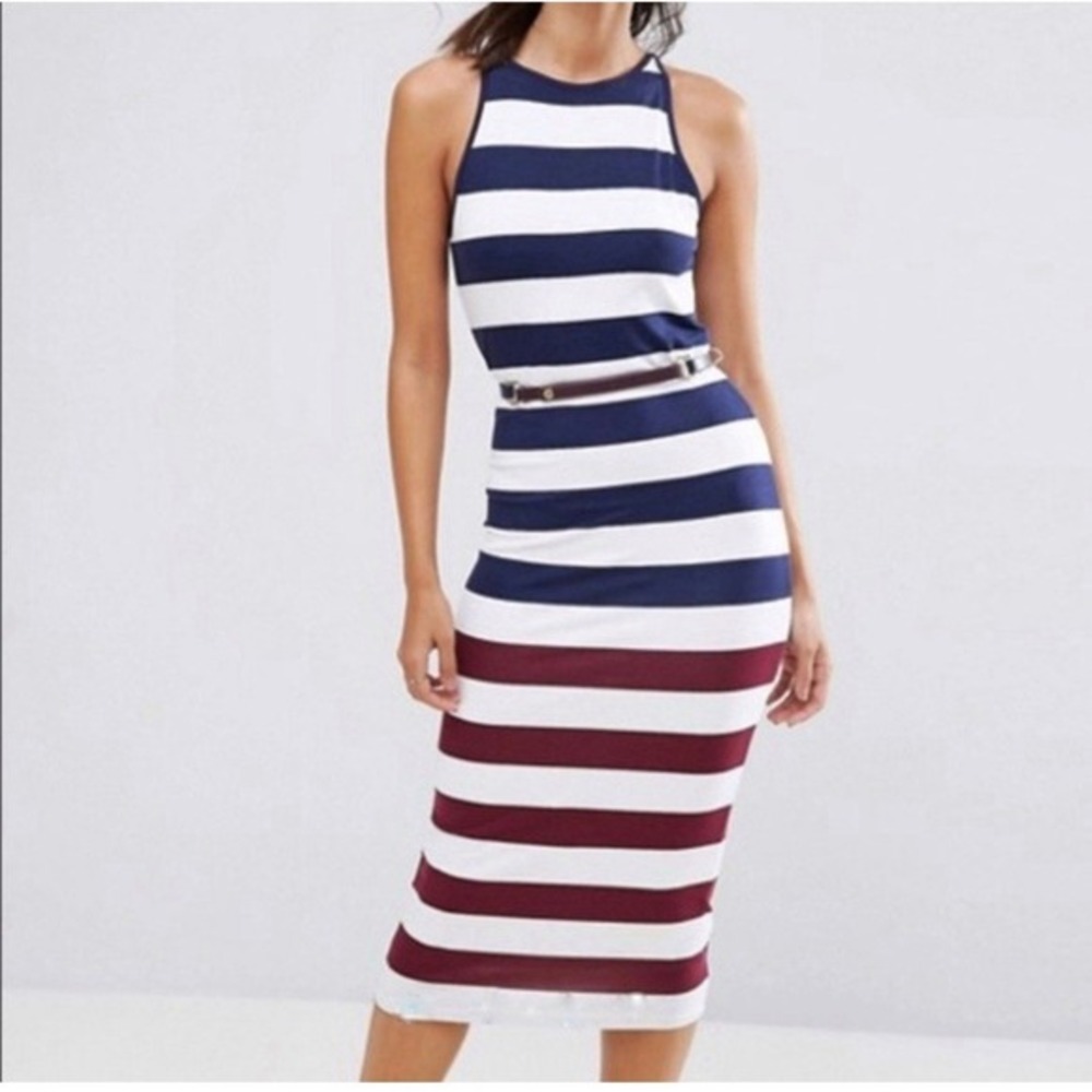 Ted Baker Sleeveless Red White Blue Bodycon Striped‎ Sheath Belted Dress Size 6